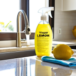 A bright, inviting kitchen scene featuring someone happily cleaning a countertop with a reusable microfiber cloth and a spray bottle filled with a clear, homemade cleaning solution. The bottle is labeled with a handwritten tag that says "Vinegar & Lemon." Sunlight streams through the window, illuminating the sparkling clean surface.