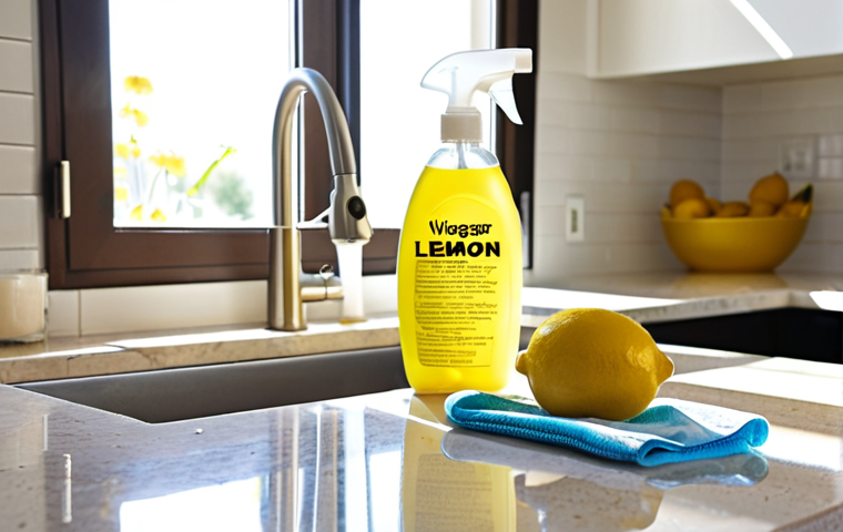 A bright, inviting kitchen scene featuring someone happily cleaning a countertop with a reusable microfiber cloth and a spray bottle filled with a clear, homemade cleaning solution. The bottle is labeled with a handwritten tag that says "Vinegar & Lemon." Sunlight streams through the window, illuminating the sparkling clean surface.