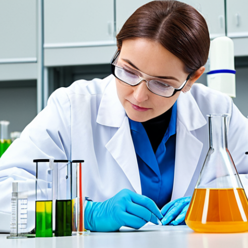 A professional female scientist, fully clothed in a clean white lab coat and modest professional clothing, meticulously examines botanical extracts through advanced laboratory equipment like a high-performance liquid chromatograph in a brightly lit, modern research laboratory. The scene emphasizes scientific rigor and precision, with various glass vials and beakers containing colorful natural compounds on the sterile workbench. The image features perfect anatomy, correct proportions, natural pose, well-formed hands, proper finger count, and natural body proportions. This is a safe for work, appropriate content, and professional image, suitable for high quality scientific photography with crisp focus.