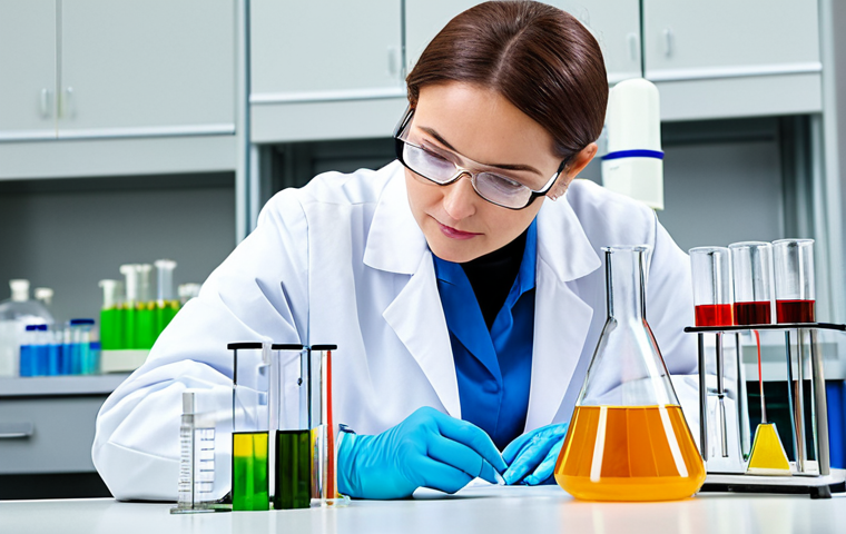 A professional female scientist, fully clothed in a clean white lab coat and modest professional clothing, meticulously examines botanical extracts through advanced laboratory equipment like a high-performance liquid chromatograph in a brightly lit, modern research laboratory. The scene emphasizes scientific rigor and precision, with various glass vials and beakers containing colorful natural compounds on the sterile workbench. The image features perfect anatomy, correct proportions, natural pose, well-formed hands, proper finger count, and natural body proportions. This is a safe for work, appropriate content, and professional image, suitable for high quality scientific photography with crisp focus.