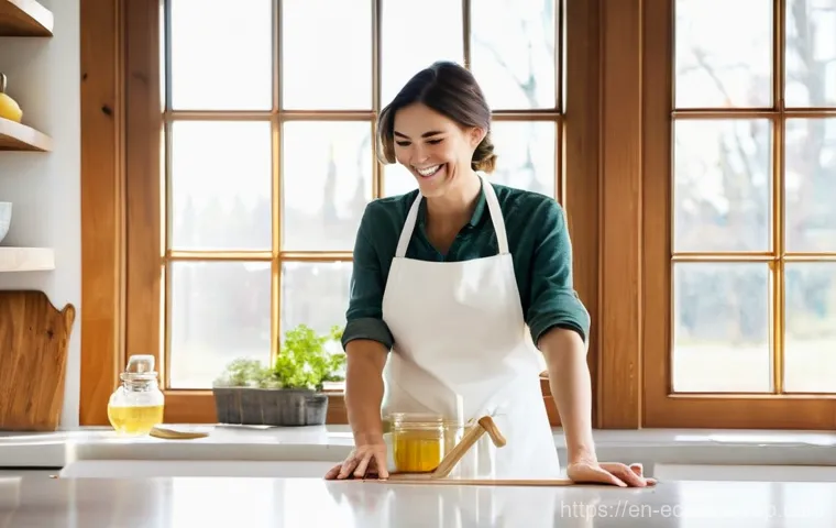 재활용 가능 포장재를 이용한 세제 만들기 - A cheerful woman in her late 20s or early 30s, wearing a comfortable, light-colored apron over casua...