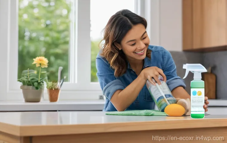 재활용 가능 포장재를 이용한 세제 만들기 - A cheerful woman in her late 20s or early 30s, wearing a comfortable, light-colored apron over casua...