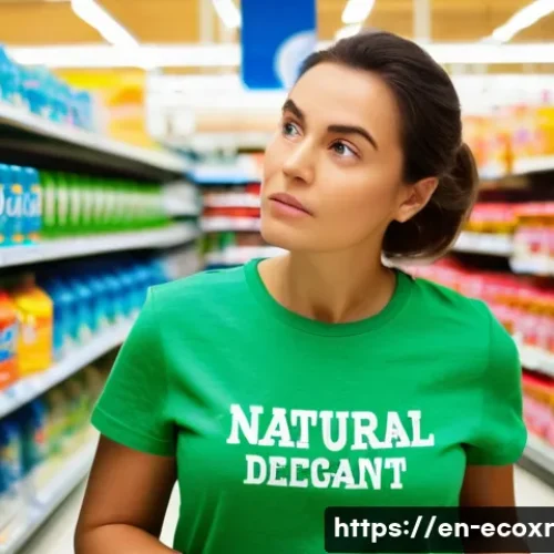 세제를 만드는 재료의 안전성 확인하기 - **Prompt:** A thoughtful woman in her mid-30s, wearing a comfortable, clean t-shirt, stands in a bri...