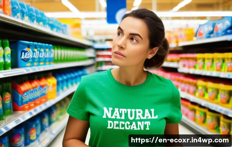 세제를 만드는 재료의 안전성 확인하기 - **Prompt:** A thoughtful woman in her mid-30s, wearing a comfortable, clean t-shirt, stands in a bri...