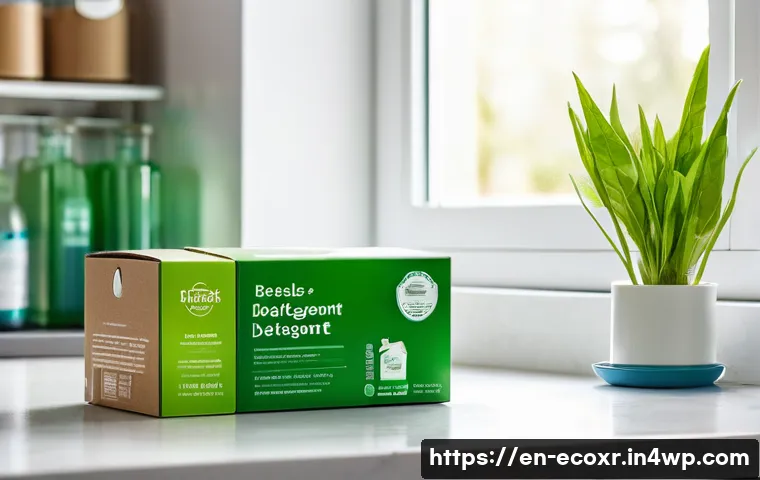 친환경 세제의 장기적인 환경적 영향 - A bright, modern kitchen scene showcasing eco-friendly detergent packaging on a countertop: biodegra...