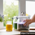 Home 16 DIY 친환경 세제의 성장 추세 - A bright, modern kitchen scene showing a person carefully mixing natural ingredients on a wooden cou...