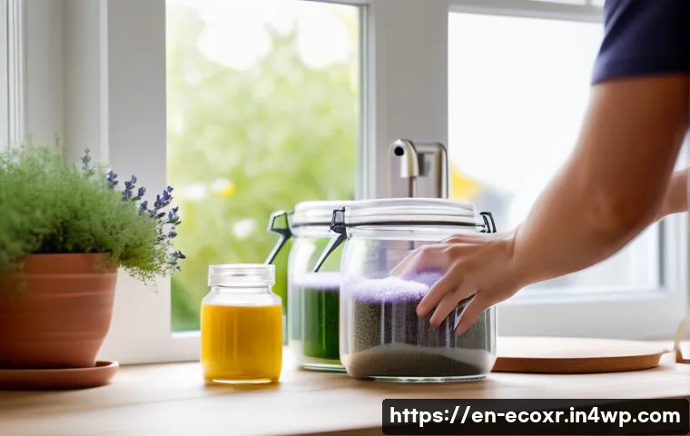 DIY 친환경 세제의 성장 추세 - A bright, modern kitchen scene showing a person carefully mixing natural ingredients on a wooden cou...