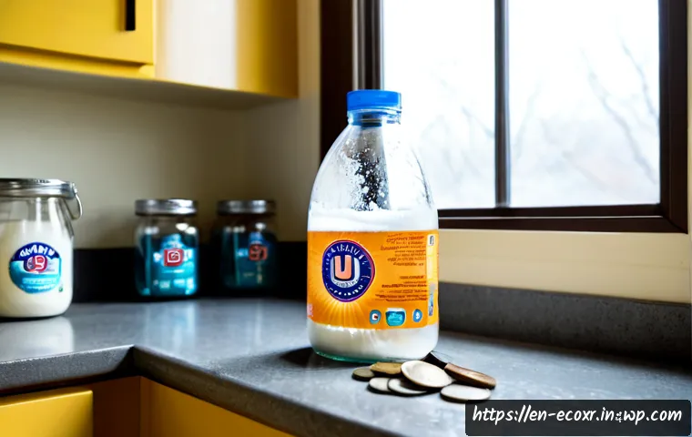 Home 17 DIY 세제의 경제적 이점 - Photorealistic bright kitchen counter showing an economical DIY laundry detergent setup: clear glass...