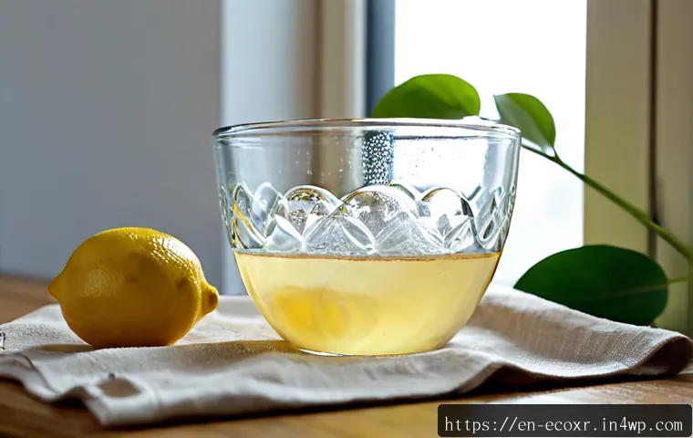 Home 17 자연에서 얻는 세제 효과의 원리 - Photorealistic close-up of a clear glass bowl containing warm water, white vinegar, baking soda, and...